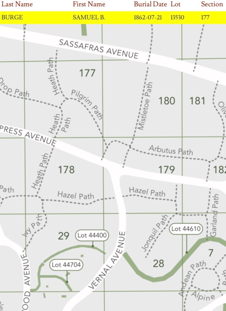 A partial map of Green-Wood Cemetery, showing the location of Pilgrim Path, Vernal Avenue and more. 