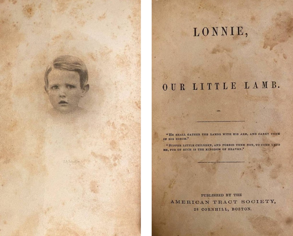 The frontispiece and title page of Lonnie Our Little Lamb. The frontispiece contains a lifelike etching of the boy. 