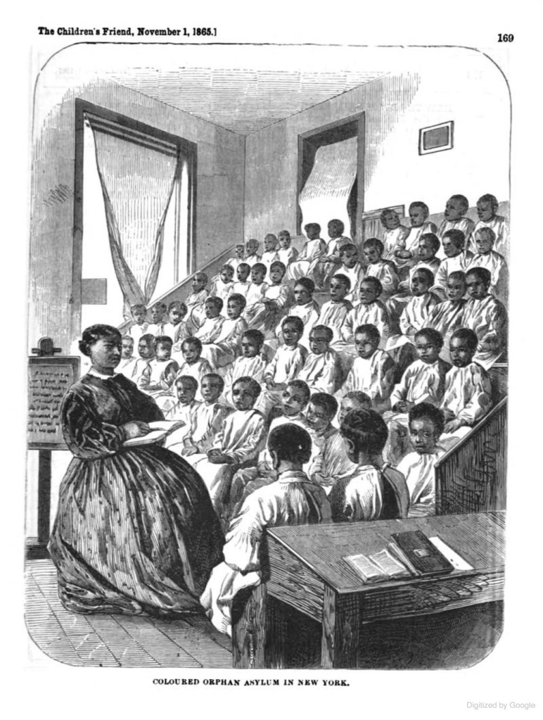 An almost identical engraved image of the colored orphan asylum. As this is a british publication, colored is spelled with a u: "Coloured Orphan Asylum"