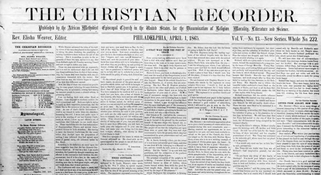 The front page of The Christian Recorder. The content is too small to read.