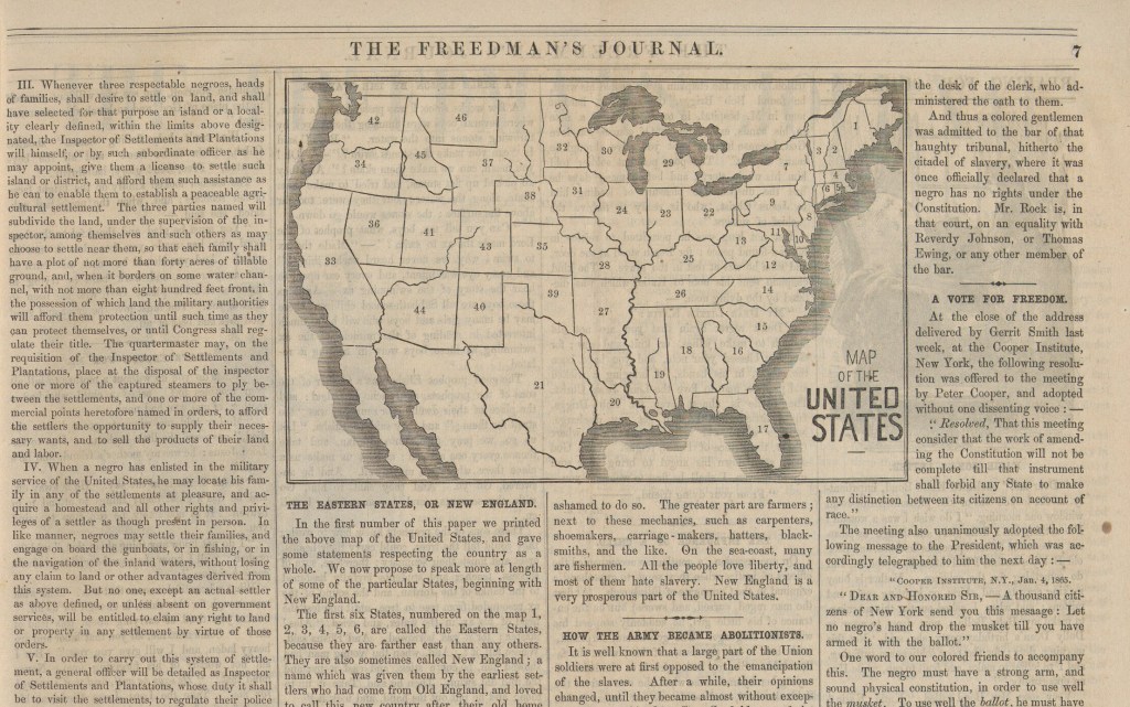 A map of the United States, accompanied by a geography lesson. The map of the United States was quite different in 1865.