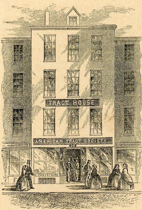 The Tract House located at 28 Cornhill in Boston, Massachusetts. Its a simple three story building. A variety of people are hanging about. The men are dressed in suits and top hats and the women in shawls, bonnets and hoops skirts. 
