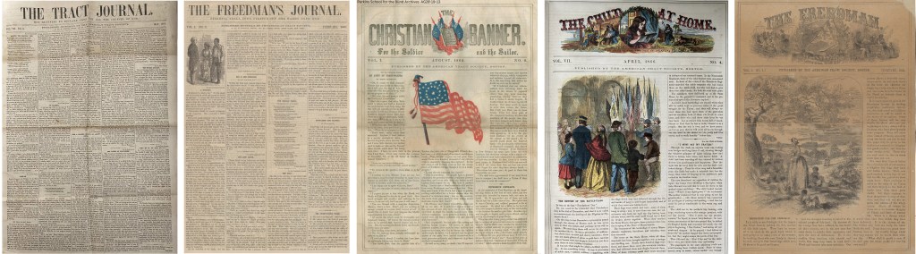 A set of five periodicals published by the American Tract Society in Boston: The Tract Journal, May 1865; The Freedman's Journal, February 1865; The Christian Banner for the Soldier and Sailor, August 1862; The Child at Home, April 1866; The Freedman, May 1864. The Tract Journal is visually similar to the Freedman's Journal. And the Child at Home is visually similar to The Freedman. The Christian Banner is totally unique. 